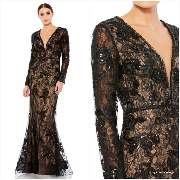 Mac Duggal Dresses & Skirts - NWT Mac Duggal Embellished Long Sleeve Plunge Neck Trumpet Gown Dress